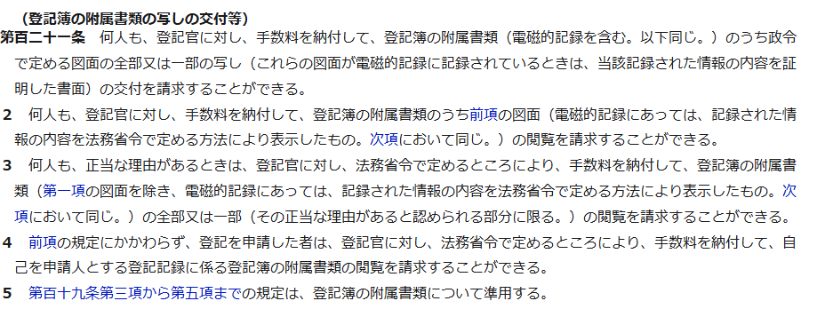 e-Gov法令検索の不動産登記法第百二十一条の条文の画面。登記簿の附属書類の写しの交付等という見出しの下に、政令で定める図面については何人も交付と閲覧を請求できるという第一項と第二項、それ以外の附属書類については正当な理由があるときに限り正当な理由があると認められる部分の閲覧を請求できるという第三項が表示されている