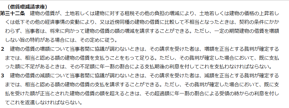 e-Gov法令検索に表示された借地借家法32条の条文。借賃増減請求権と、協議が調わないときの取扱いが書かれている