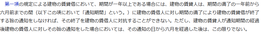 e-Gov法令検索の画面。借地借家法第三十八条第六項の条文が表示され、期間が一年以上である場合には期間の満了の一年前から六月前までの間に終了する旨の通知をしなければその終了を建物の賃借人に対抗することができないと書かれている