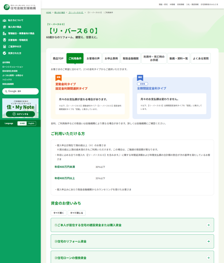 住宅金融支援機構のリ・バース60のご利用条件ページ。満60歳以上という対象年齢、年収400万円未満で30％以下などの返済負担率の基準、カウンセリングの条件が示されている