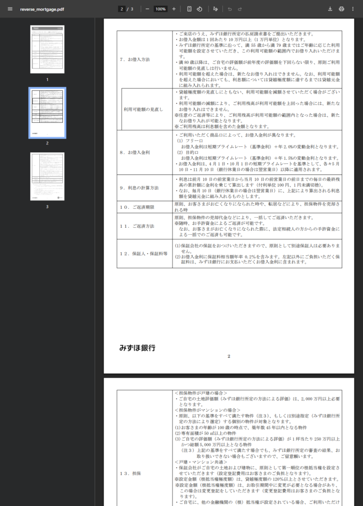 みずほリバースモーゲージローンの商品概要説明書の2ページ目のキャプチャ。お借入方法として1回あたり10万円以上、満55歳から満79歳までは年齢に応じた利用可能額を設定し満80歳以降は原則見直さないこと、お借入金利はフリー口が短期プライムレート+年2.0%、目的口が短期プライムレート+年1.5%の変動金利であること、ご返済期限は原則お客さまが亡くなられた時や転居などにより担保物件を売却される時、保証人は保証会社の保証を付けるため原則不要で借入金利に保証料相当額年率0.2%を含むことが書かれている