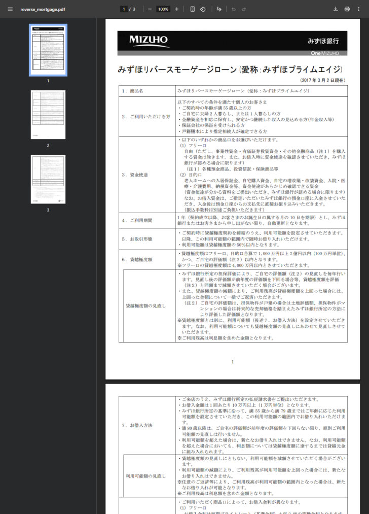 みずほリバースモーゲージローン(愛称:みずほプライムエイジ)の商品概要説明書のPDFのキャプチャ。右上に2017年3月2日現在と書かれ、ご利用いただける方は契約時の年齢が満55歳以上・自宅に夫婦2人暮らしまたは1人暮らし・金融資産を相応に保有し安定かつ継続した収入の見込める方・保証会社の保証を受けられる方・戸籍謄本により推定相続人が確定できる方、資金使途はフリー口と目的口の2種類、お取引形態は貸越極度契約で利用可能額は貸越極度額の50%以内、貸越極度額はフリー口・目的口合算で1,000万円以上2億円以内と並んでいる