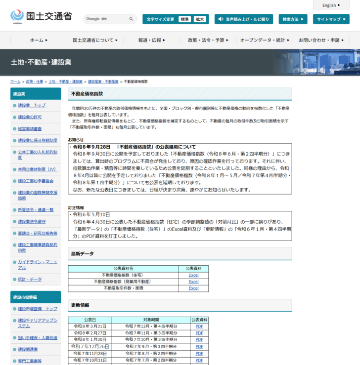 国土交通省の公式画面。不動産価格指数のページに、令和8年9月28日付の公表延期のお知らせと、年間約30万件の取引価格情報をもとに毎月公表しているという説明が表示されている