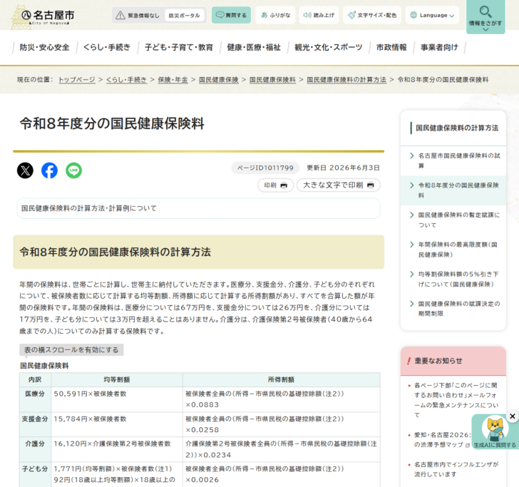 名古屋市の令和8年度分の国民健康保険料のページ。所得割の算定に用いる総所得金額等の説明と、基礎控除額、料率、賦課限度額が並んでいる