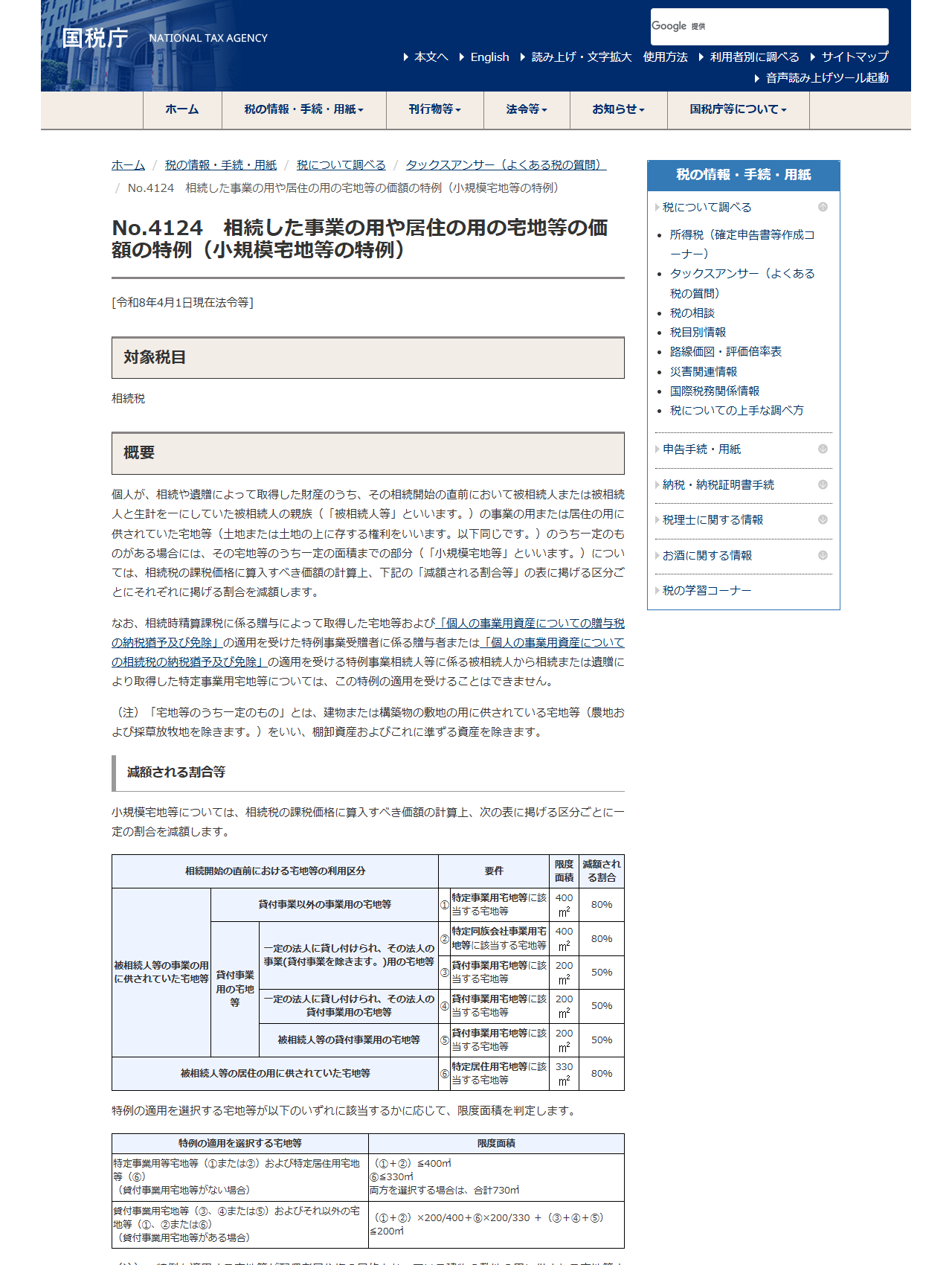 国税庁タックスアンサーNo.4124 小規模宅地等の特例のページ画面。特定居住用宅地等は限度面積330平方メートル、減額割合80パーセントと表に示されている