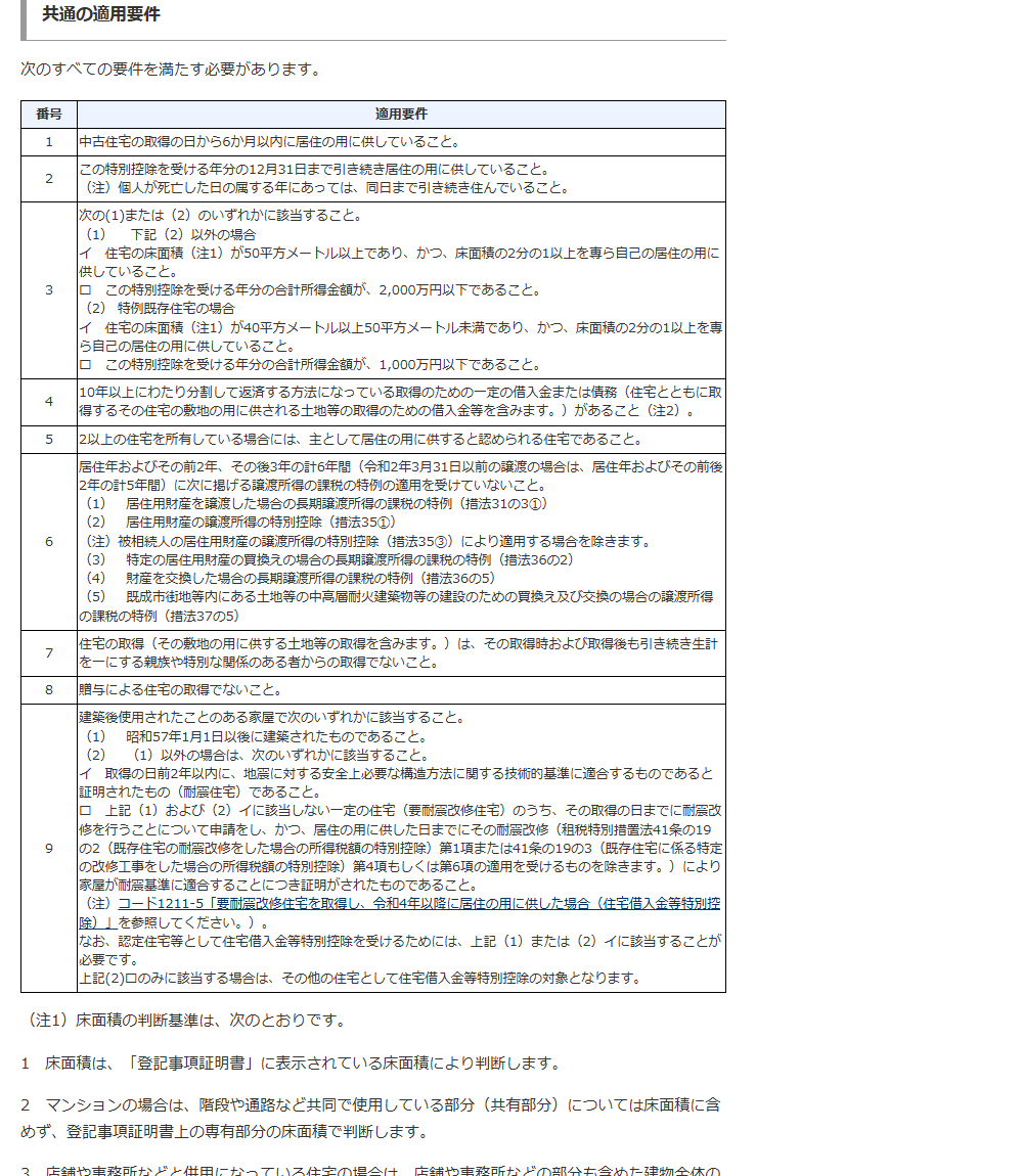 国税庁の公式画面。住宅借入金等特別控除の共通の適用要件の表で、番号6に居住年およびその前2年その後3年の計6年間に居住用財産の譲渡所得の特別控除などの適用を受けていないこと、番号7に取得時および取得後も引き続き生計を一にする親族や特別な関係のある者からの取得でないことと記載されている